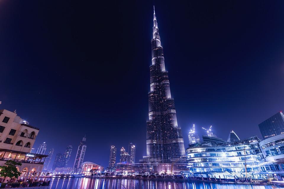 哈利法塔, 联合酋长国, 迪拜, 阿拉伯联合酋长国, 结构, 摩天楼, 夜, 灯, 城市, 现代