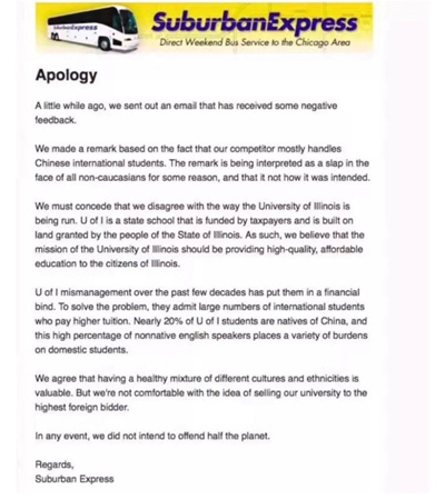 “郊区快线”巴士的圣诞促销引发不满后,该公司随即发出道歉信,但却重批中国生过多造成本地学生“负担”。(美国《寰球日报》/网站截图) ..