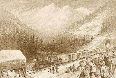 穿越塞拉山的铁路开通，华裔铁路工人向一辆驶过的火车挥手致意。(美国《世界日报》取材自斯坦福大学网站)