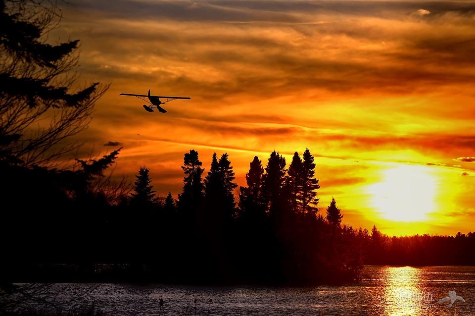 水上飞机, 日落, 树, 景观, 颜色, 晚上, 湖, 水, 暮光之城, 性质, 魁北克省, 加拿大