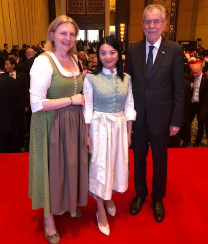 徐妍与奥地利总统(右)、奥地利外交部长(左)合影。