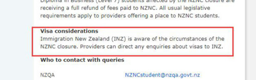 在给学生的公开信中，新西兰学历认证局表示移民局已经被告知该校学生签证情况(新西兰天维网)
